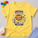 Jesus Loves Me Roar-some Lion Christian kids shirt in Yellow featuring a cute lion and encouraging Christian message