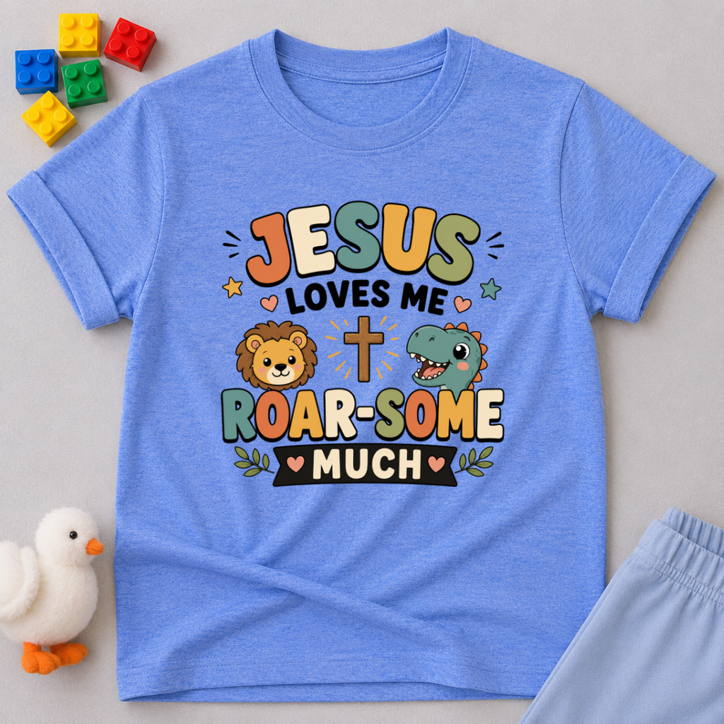 Jesus Loves Me Roar-some Much Christian kids shirt in Blue featuring a cute dinosaur and faith-inspired message