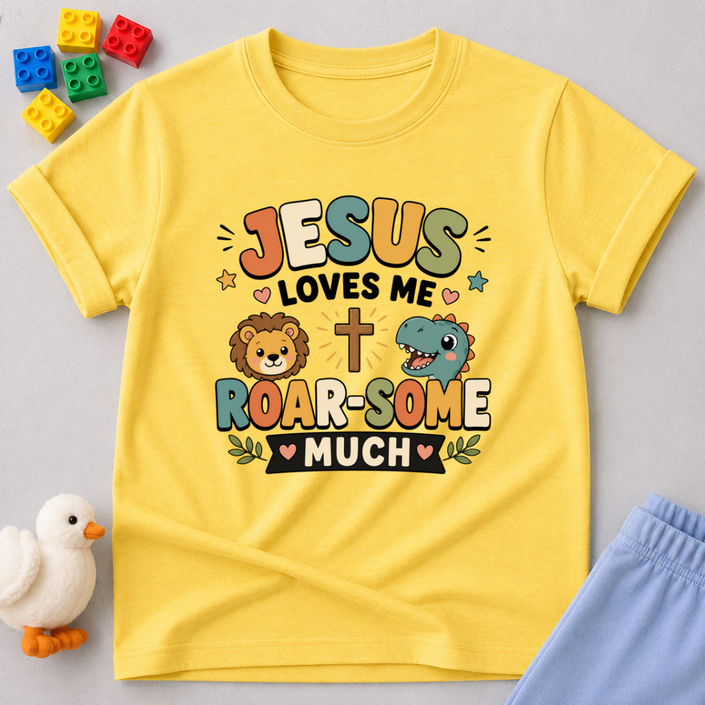 Jesus Loves Me Roar-some Much Christian kids shirt in Yellow featuring a cute dinosaur and faith-inspired message