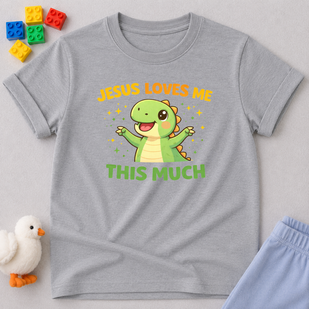 Jesus Loves Me So Much Christian kids shirt in Gray featuring playful character illustration