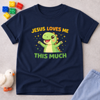 Jesus Loves Me So Much Christian kids shirt in Navy featuring playful character illustration