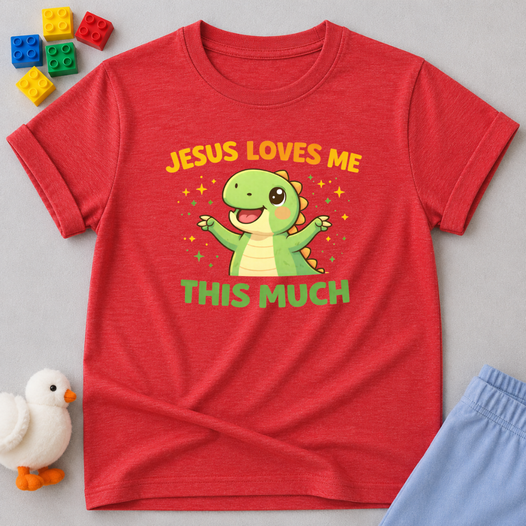 Jesus Loves Me So Much Christian kids shirt in Red featuring playful character illustration