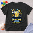 Jesus Makes Lemonade Christian kids shirt in Black featuring a cheerful lemonade character and faith-inspired message