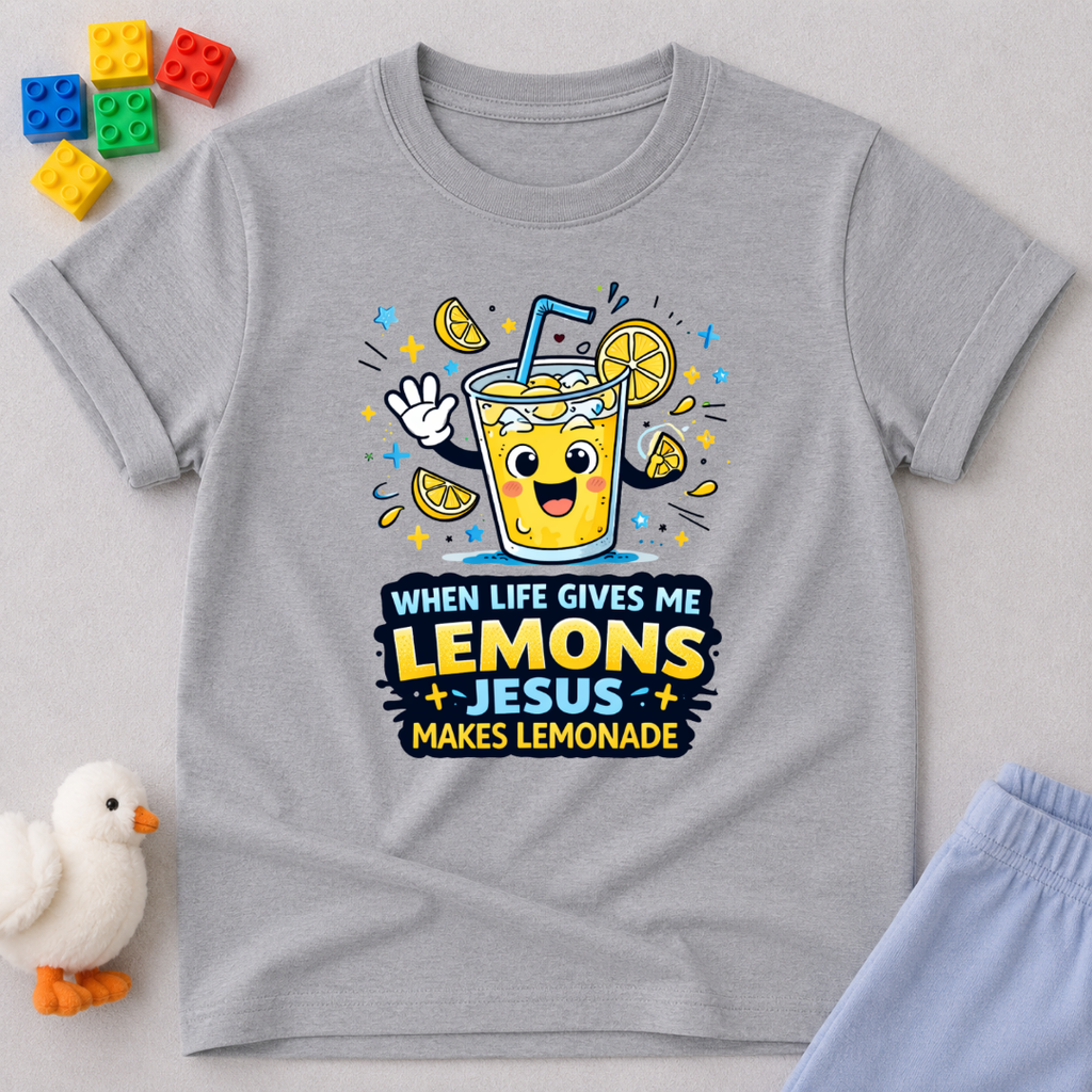 Jesus Makes Lemonade Christian kids shirt in Gray featuring a cheerful lemonade character and faith-inspired message