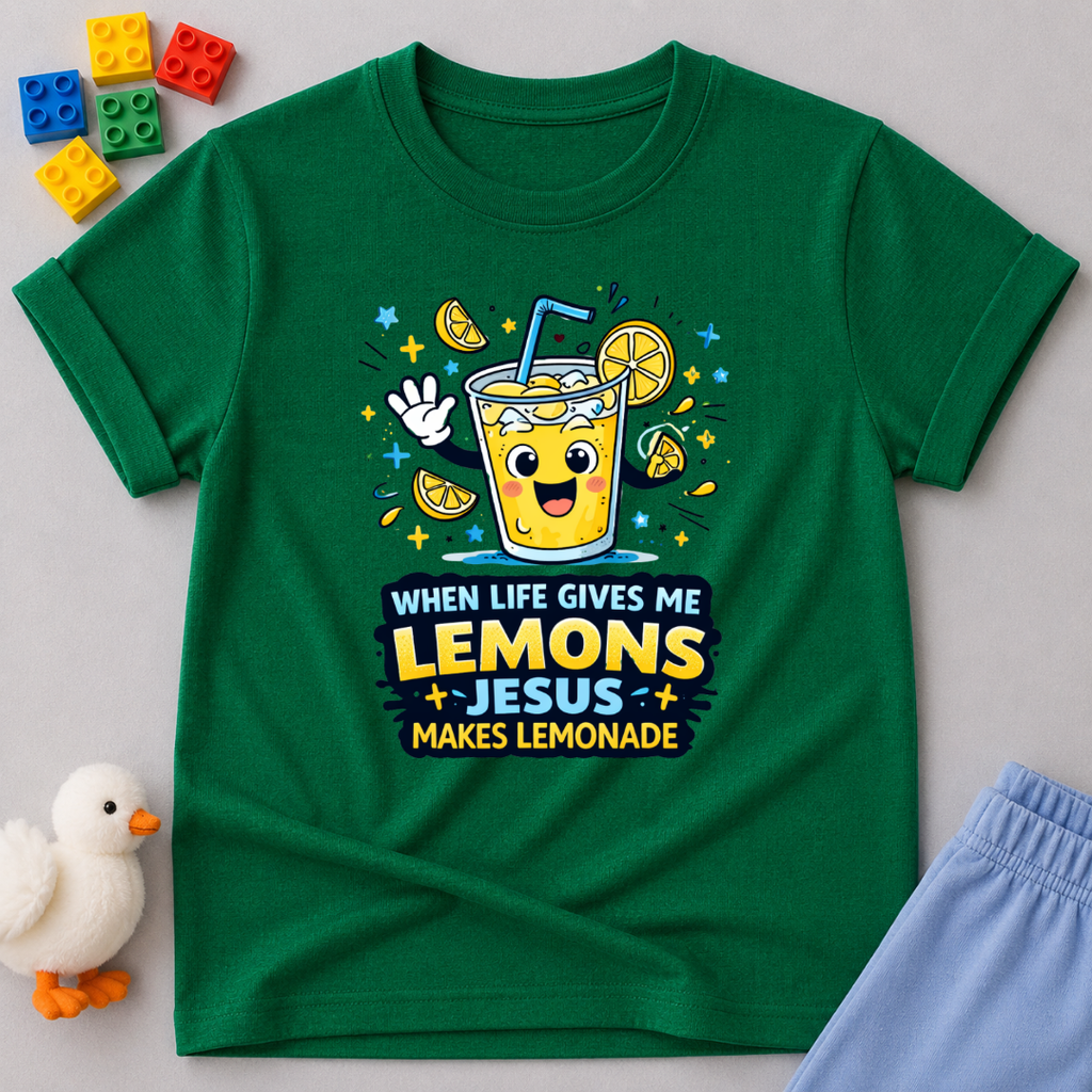 Jesus Makes Lemonade Christian kids shirt in Green featuring a cheerful lemonade character and faith-inspired message
