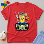 Jesus Makes Lemonade Christian kids shirt in Red featuring a cheerful lemonade character and faith-inspired message