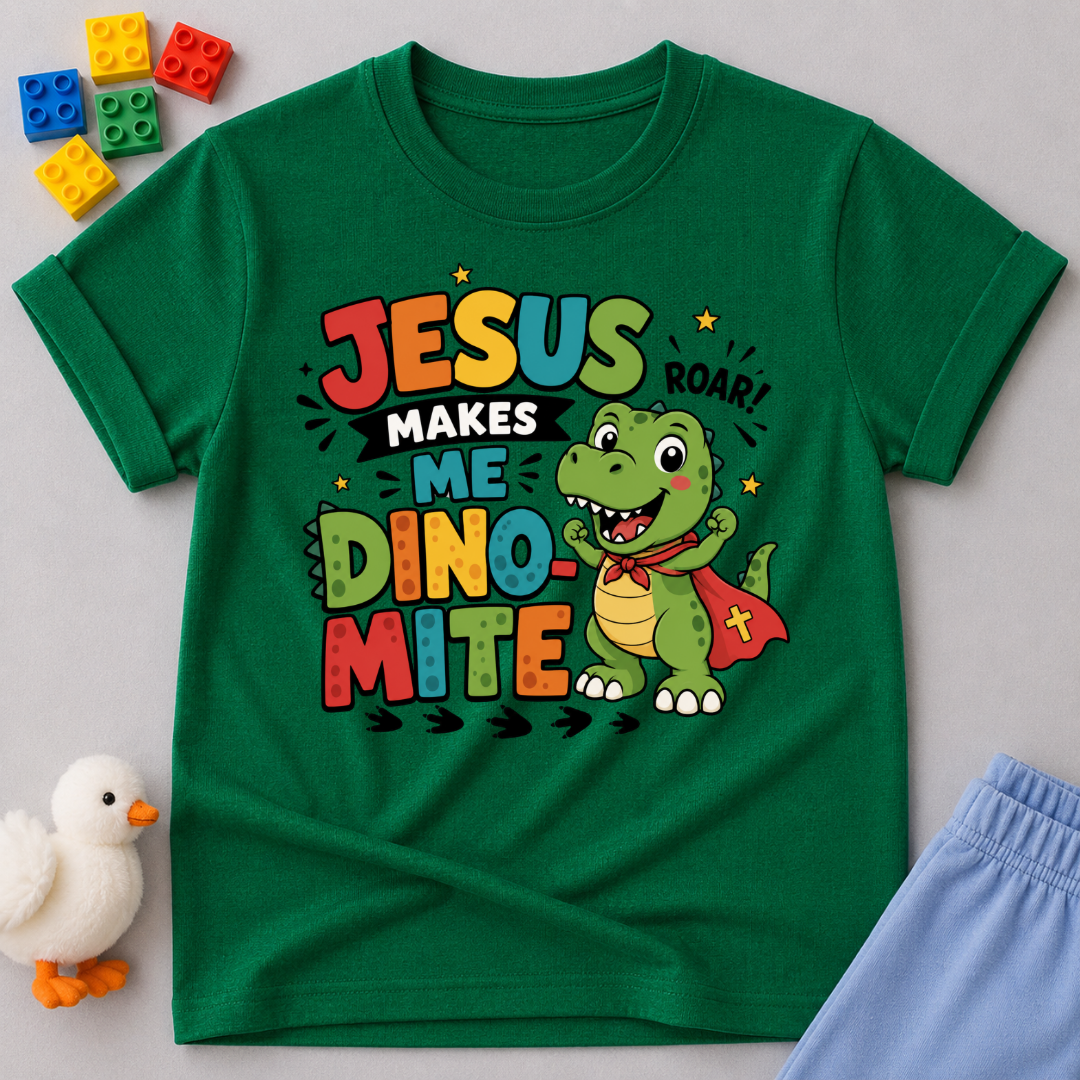 Jesus Makes Me Dino-Mite Christian kids shirt in green featuring a smiling dinosaur with a cape
