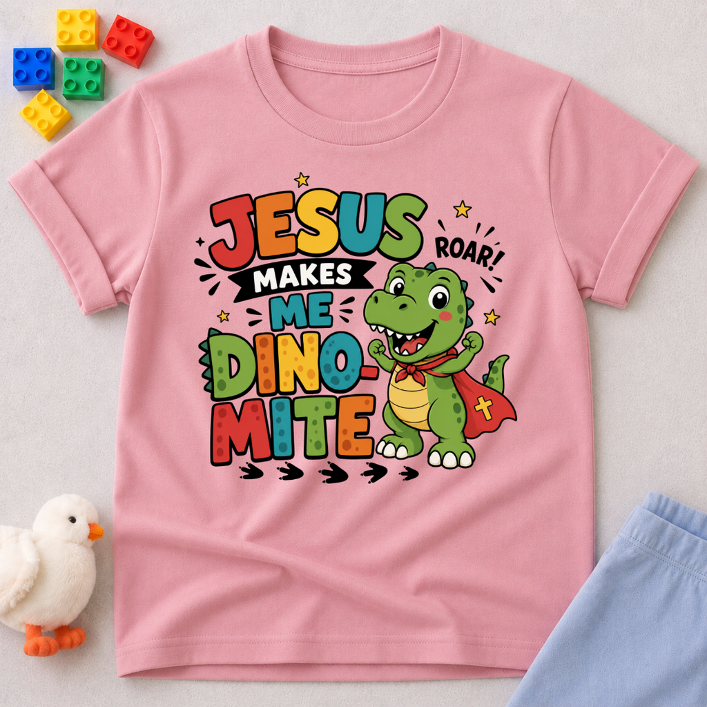 Jesus Makes Me Dino-Mite Christian kids shirt in pink featuring a smiling dinosaur with a cape
