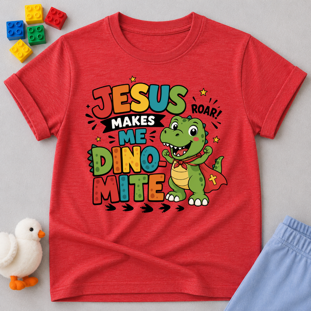Jesus Makes Me Dino-Mite Christian kids shirt in red featuring a smiling dinosaur with a cape
