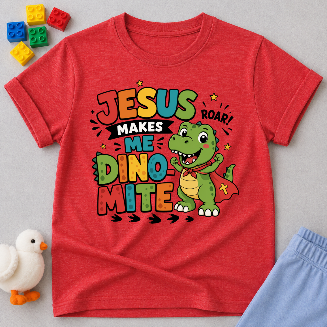 Jesus Makes Me Dino-Mite Christian kids shirt in red featuring a smiling dinosaur with a cape
