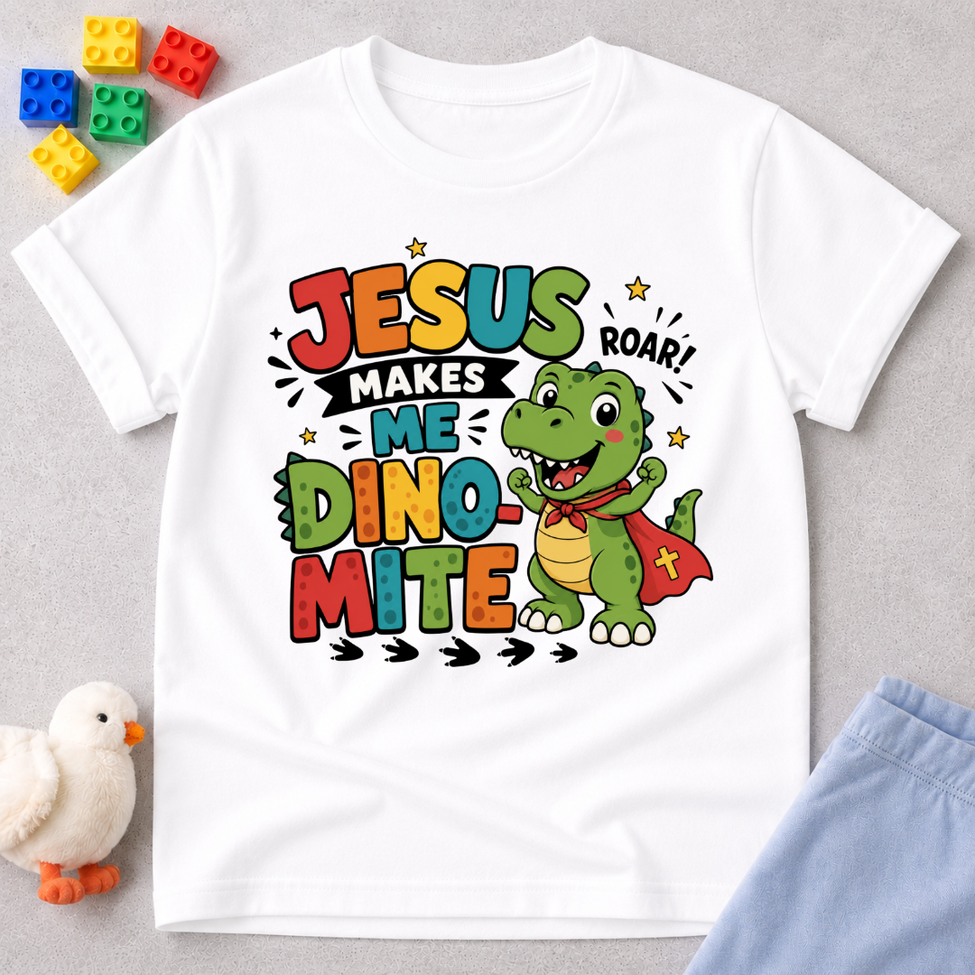 Jesus Makes Me Dino-Mite Christian kids shirt in white featuring a smiling dinosaur with a cape
