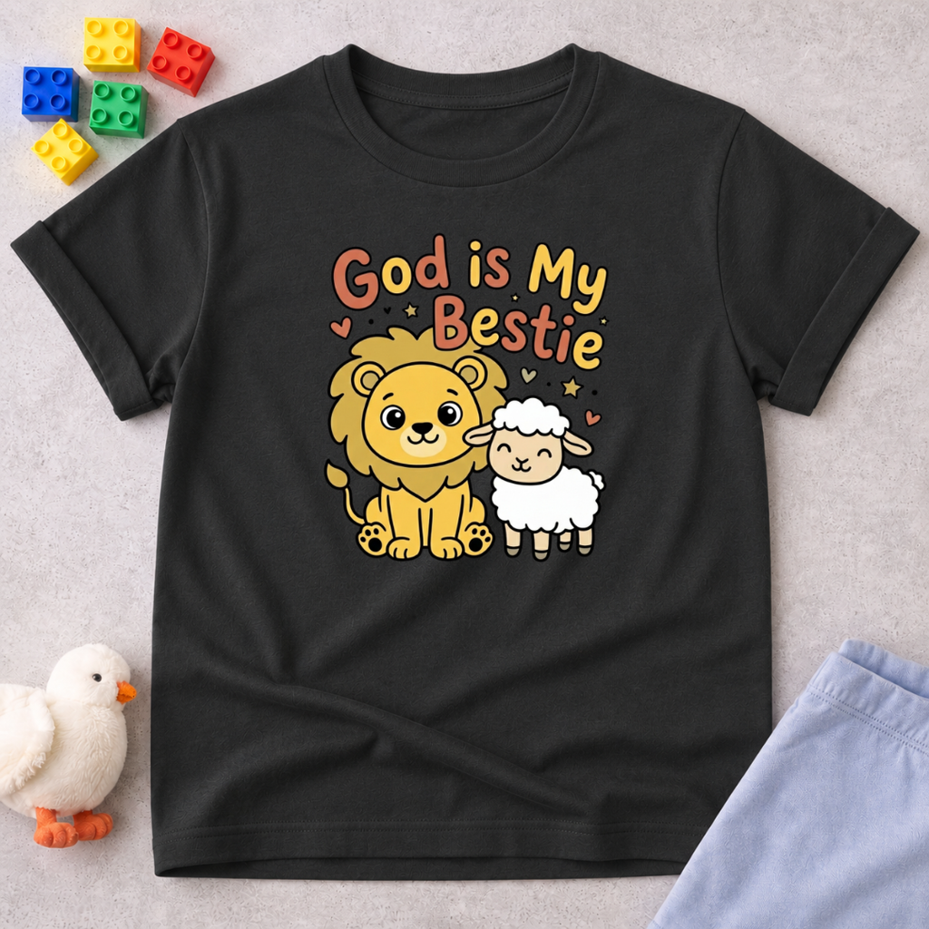 Jesus My Forever Best Friend Christian kids shirt in Black featuring a lion, lamb, and faith-inspired friendship message