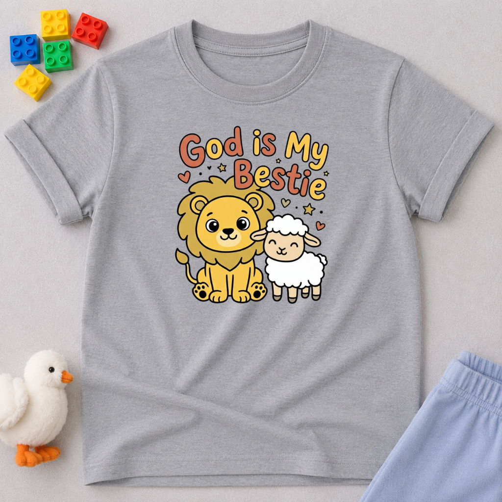 Jesus My Forever Best Friend Christian kids shirt in Gray featuring a lion, lamb, and faith-inspired friendship message