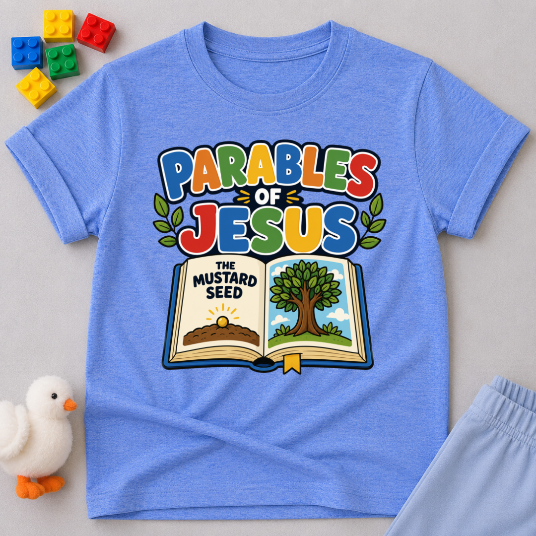 Jesus Parables Adventure Christian kids shirt in blue featuring an open Bible and mustard seed illustration
