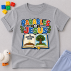 Jesus Parables Adventure Christian kids shirt in gray featuring an open Bible and mustard seed illustration
