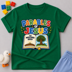 Jesus Parables Adventure Christian kids shirt in green featuring an open Bible and mustard seed illustration
