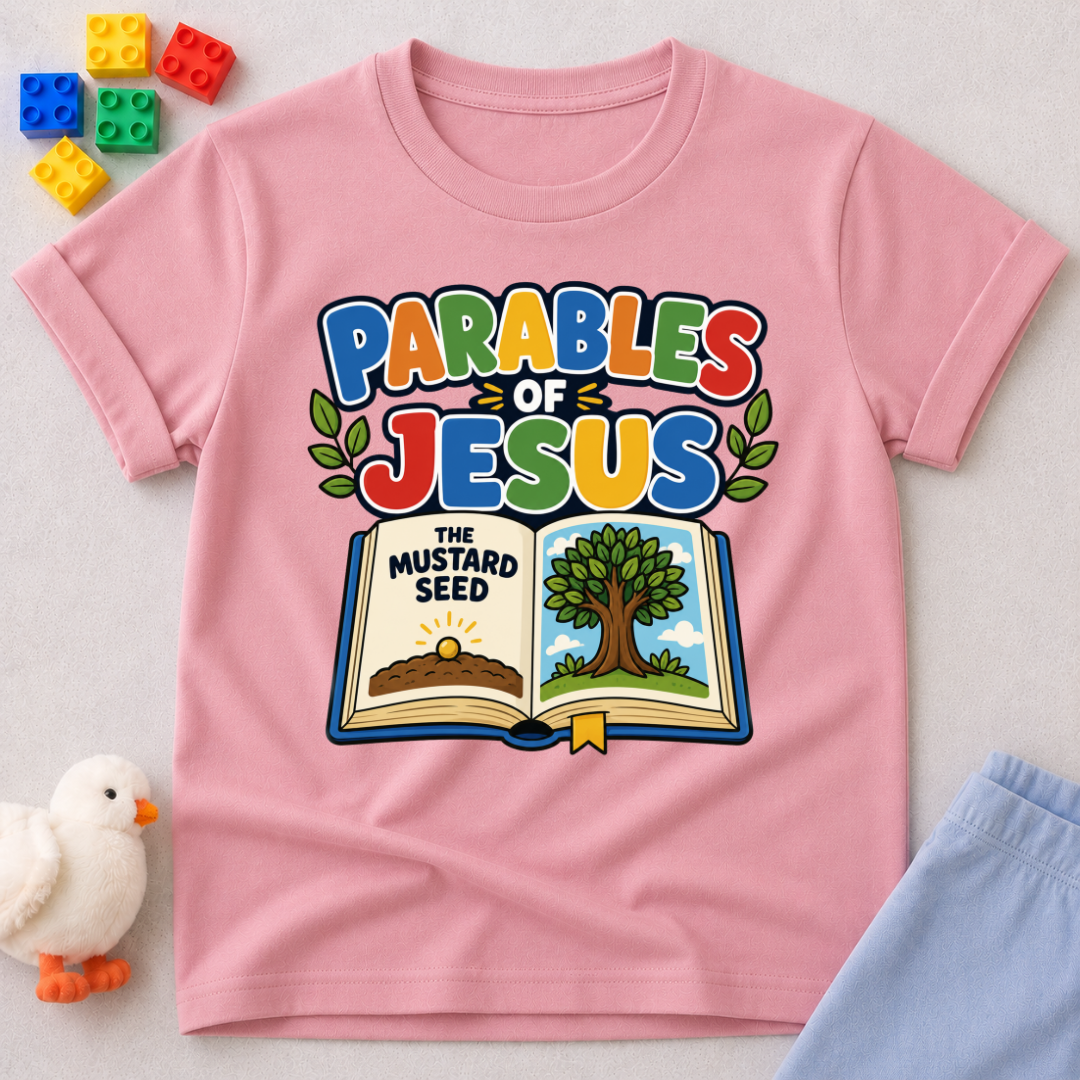 Jesus Parables Adventure Christian kids shirt in pink featuring an open Bible and mustard seed illustration

