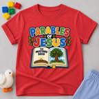 Jesus Parables Adventure Christian kids shirt in red featuring an open Bible and mustard seed illustration
