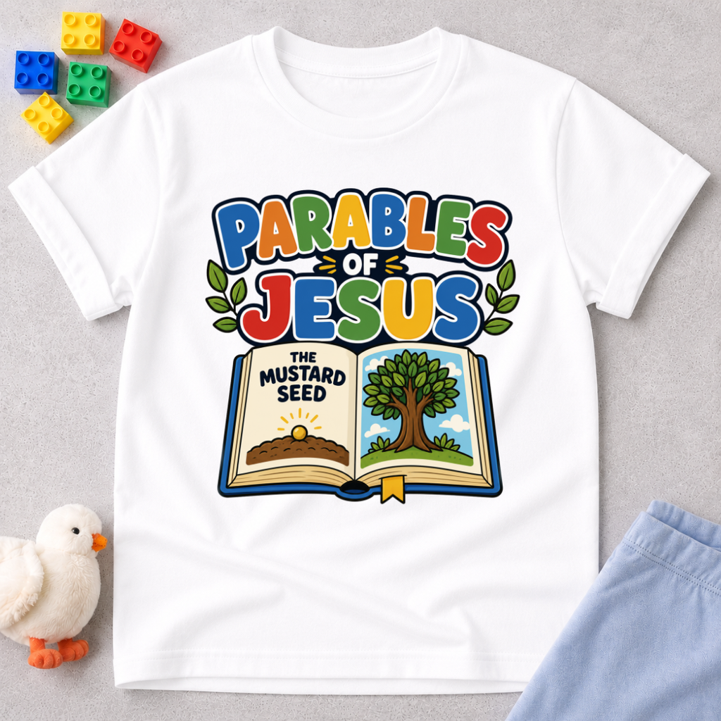 Jesus Parables Adventure Christian kids shirt in white featuring an open Bible and mustard seed illustration
