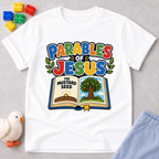 Jesus Parables Adventure Christian kids shirt in white featuring an open Bible and mustard seed illustration
