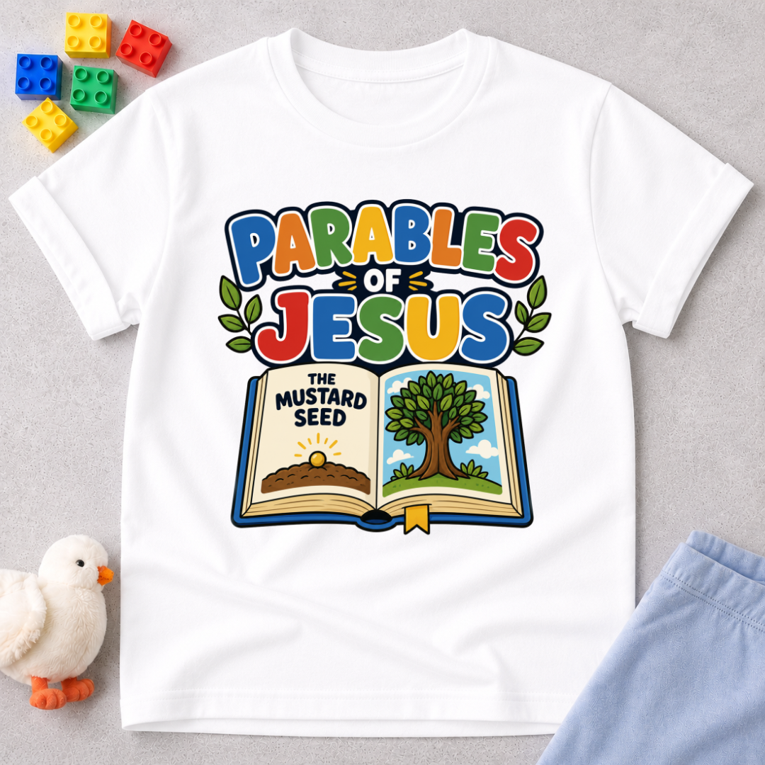 Jesus Parables Adventure Christian kids shirt in white featuring an open Bible and mustard seed illustration
