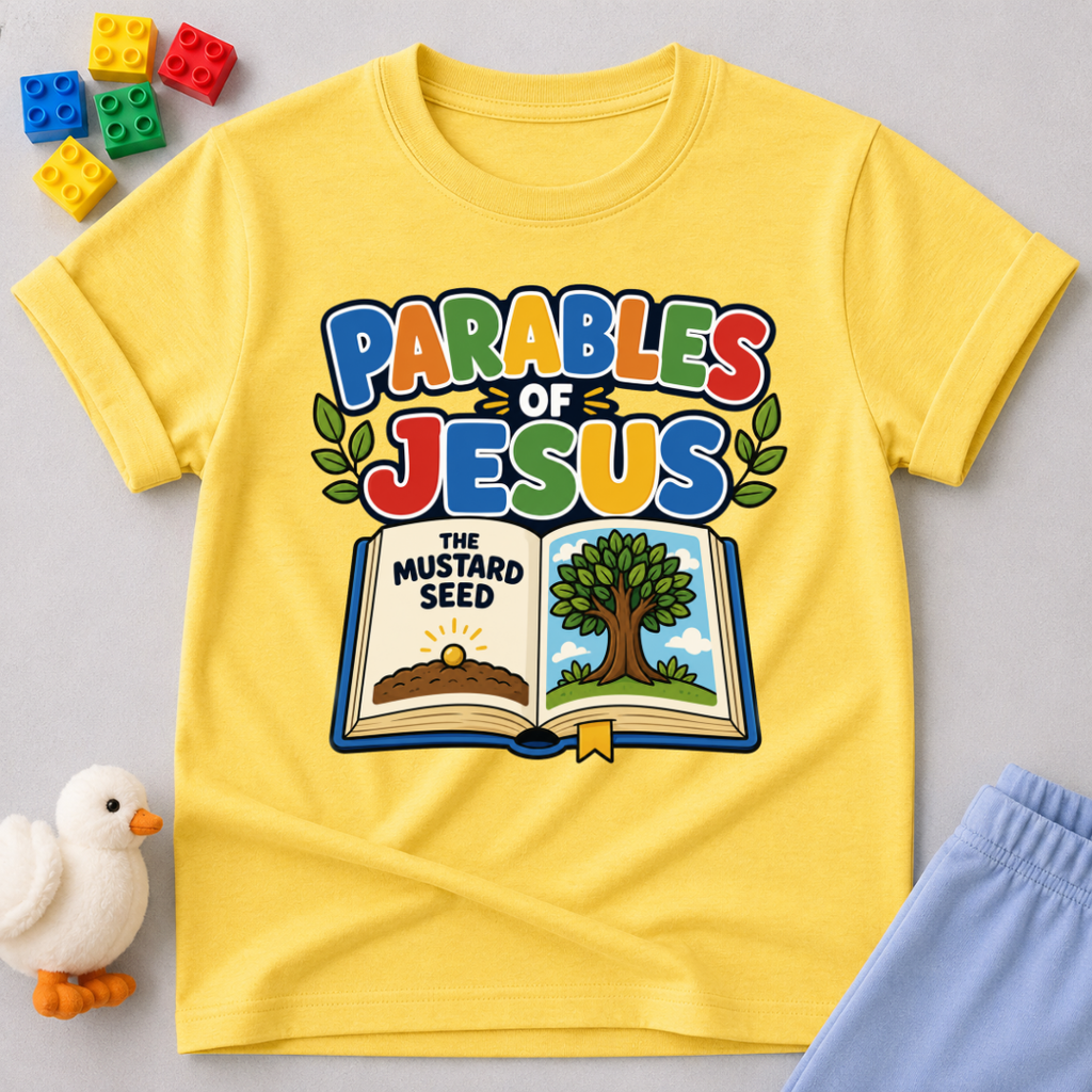 Jesus Parables Adventure Christian kids shirt in yellow featuring an open Bible and mustard seed illustration
