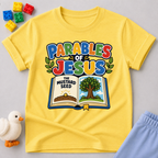 Jesus Parables Adventure Christian kids shirt in yellow featuring an open Bible and mustard seed illustration
