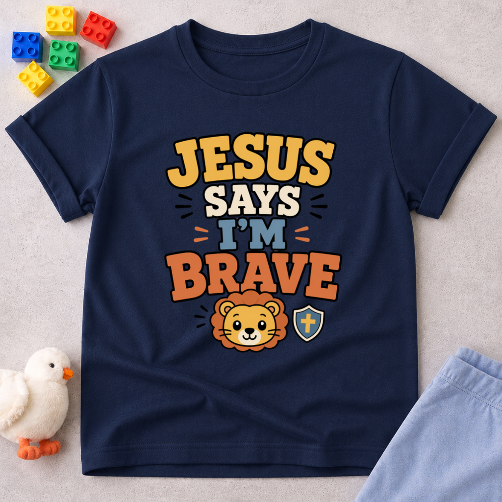 Jesus Says I am Brave Shirt Christian kids shirt in navy featuring a lion and bravery-inspired faith message
