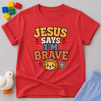 Jesus Says I am Brave Shirt Christian kids shirt in red featuring a lion and bravery-inspired faith message
