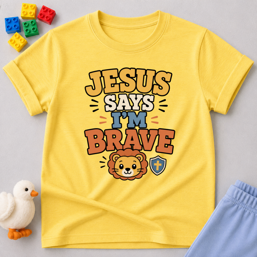 Jesus Says I am Brave Shirt Christian kids shirt in yellow featuring a lion and bravery-inspired faith message
