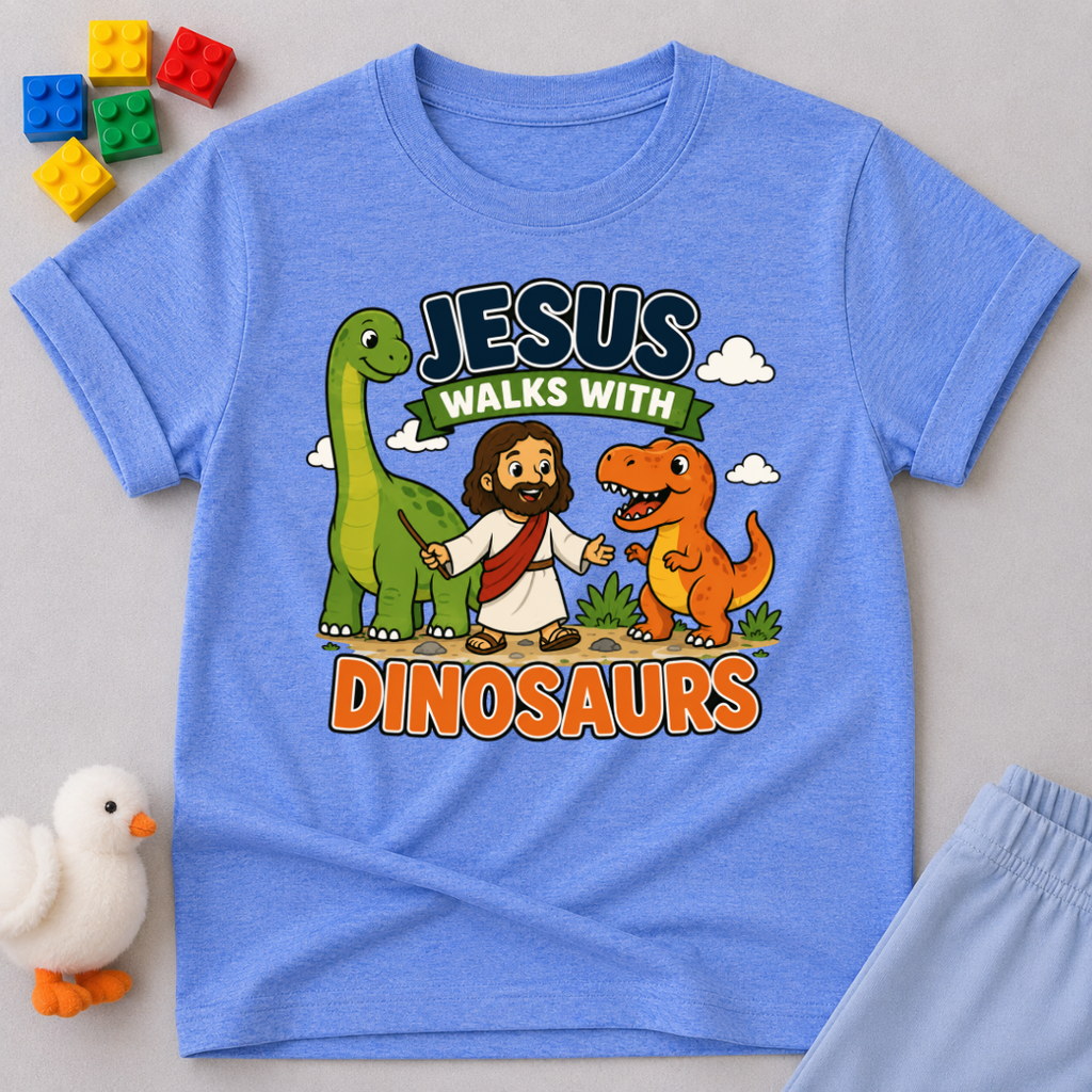 Jesus Walks with Dinosaurs Christian kids shirt in blue featuring Jesus walking alongside friendly dinosaurs
