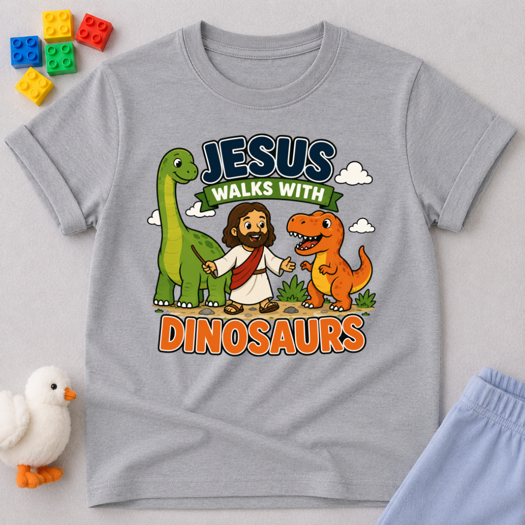 Jesus Walks with Dinosaurs Christian kids shirt in gray featuring Jesus walking alongside friendly dinosaurs
