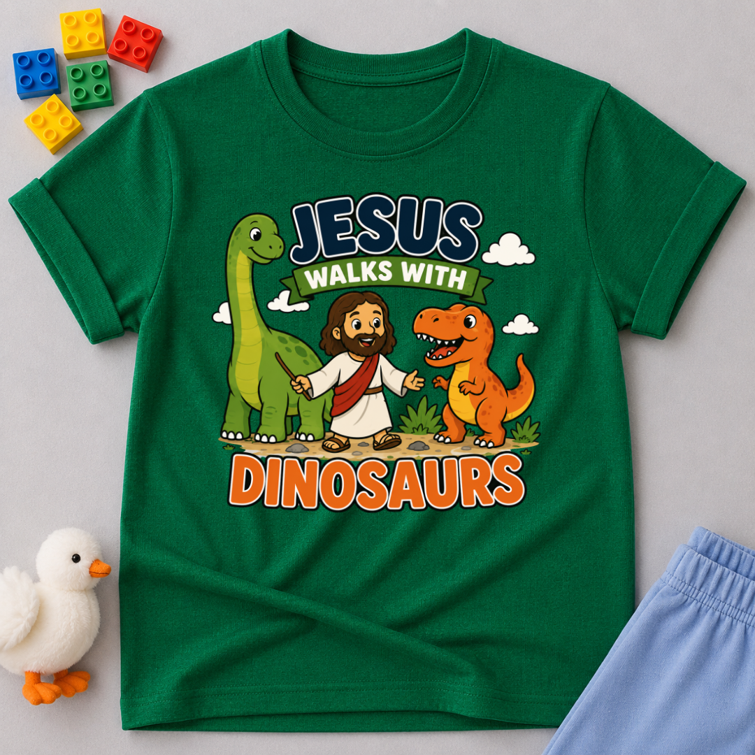 Jesus Walks with Dinosaurs Christian kids shirt in green featuring Jesus walking alongside friendly dinosaurs
