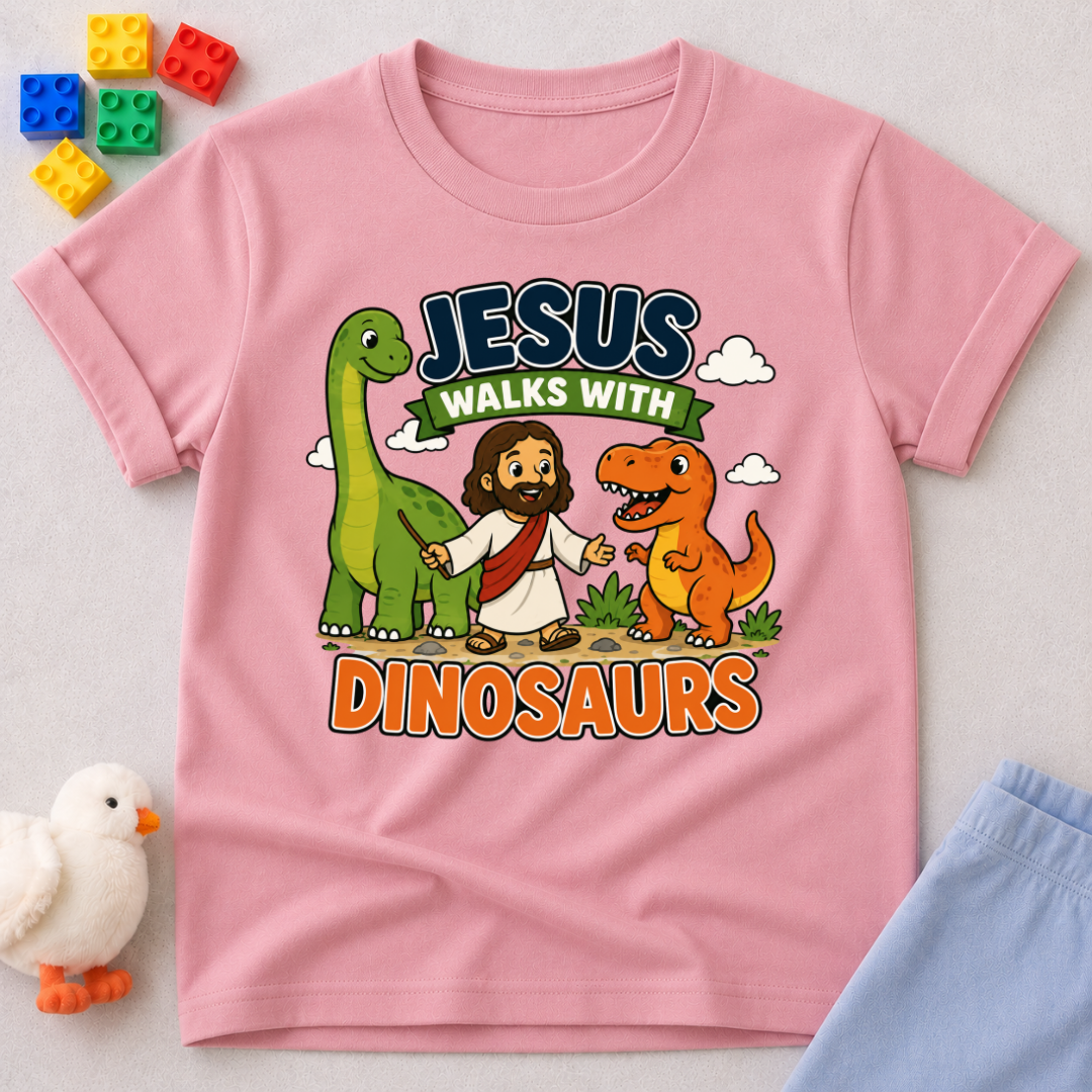 Jesus Walks with Dinosaurs Christian kids shirt in pink featuring Jesus walking alongside friendly dinosaurs
