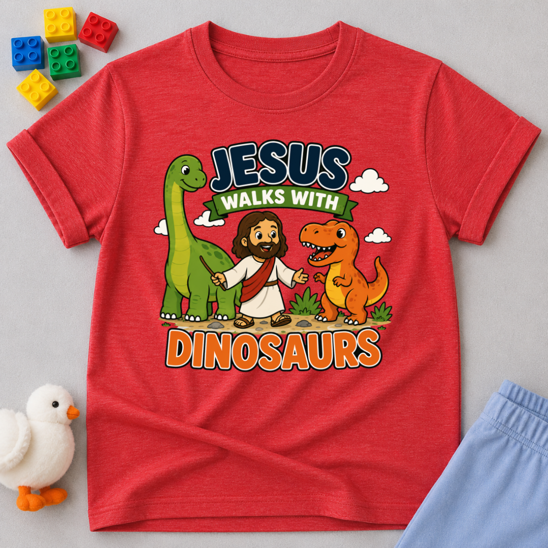 Jesus Walks with Dinosaurs Christian kids shirt in red featuring Jesus walking alongside friendly dinosaurs
