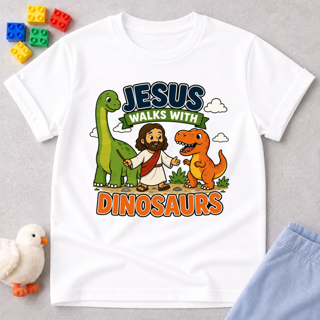Jesus Walks with Dinosaurs Christian kids shirt in white featuring Jesus walking alongside friendly dinosaurs
