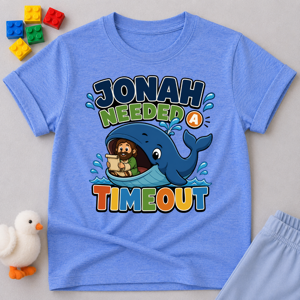 Jonah Needed a Timeout Christian kids shirt in blue featuring Jonah and a large whale
