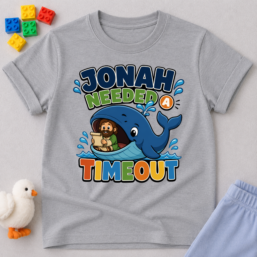 Jonah Needed a Timeout Christian kids shirt in gray featuring Jonah and a large whale
