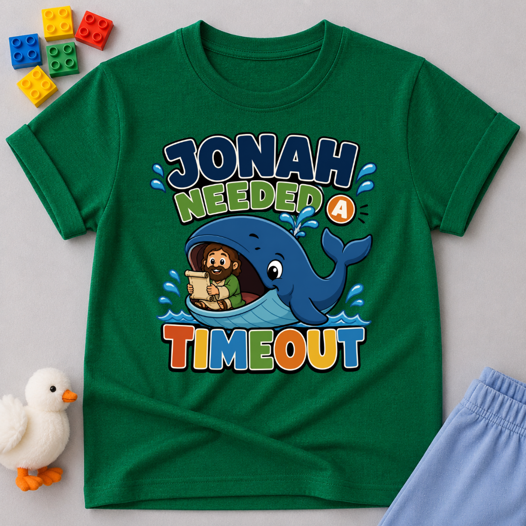 Jonah Needed a Timeout Christian kids shirt in green featuring Jonah and a large whale
