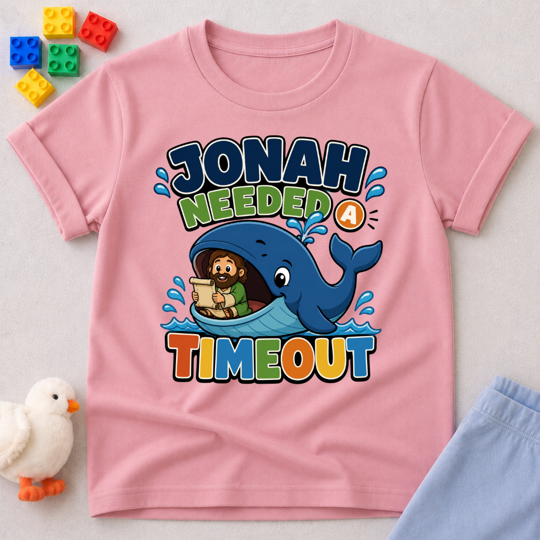 Jonah Needed a Timeout Christian kids shirt in pink featuring Jonah and a large whale

