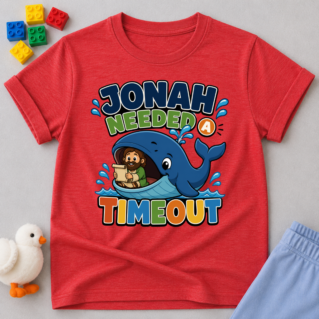 Jonah Needed a Timeout Christian kids shirt in red featuring Jonah and a large whale
