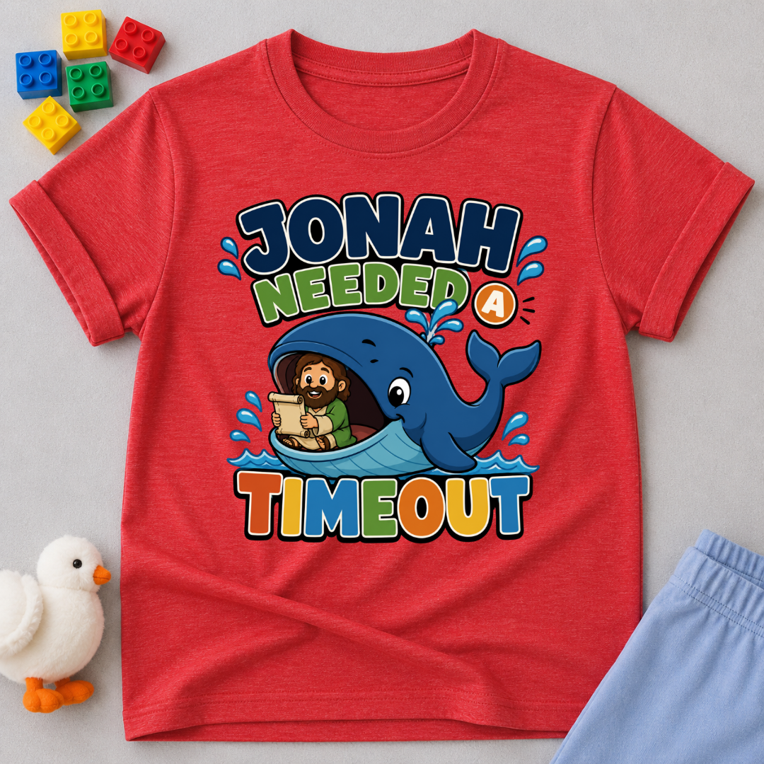 Jonah Needed a Timeout Christian kids shirt in red featuring Jonah and a large whale
