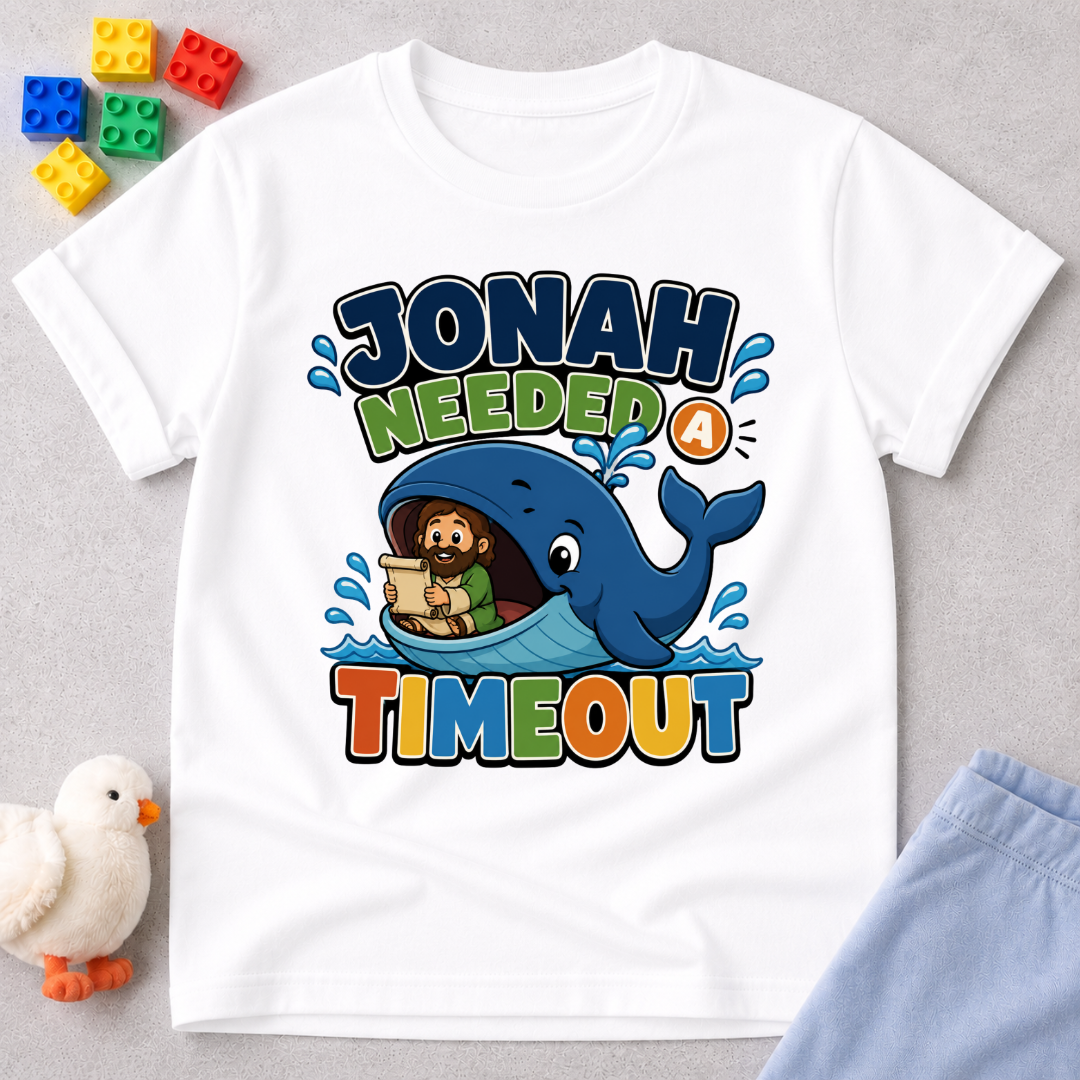 Jonah Needed a Timeout Christian kids shirt in white featuring Jonah and a large whale
