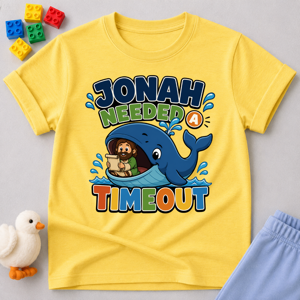 Jonah Needed a Timeout Christian kids shirt in yellow featuring Jonah and a large whale
