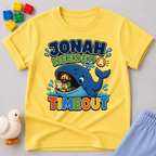 Jonah Needed a Timeout Christian kids shirt in yellow featuring Jonah and a large whale
