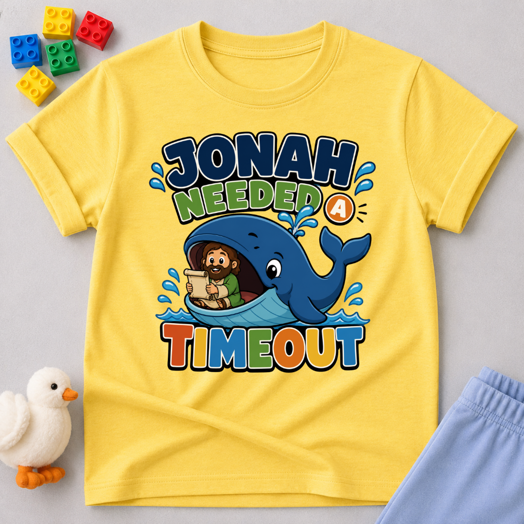 Jonah Needed a Timeout Christian kids shirt in yellow featuring Jonah and a large whale
