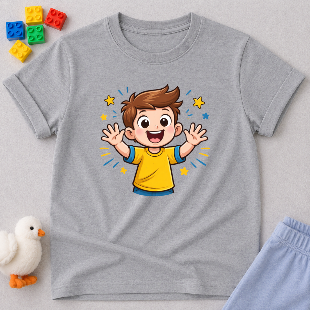 Joy Filled Child Of God Christian kids shirt in Gray featuring a cheerful child illustration