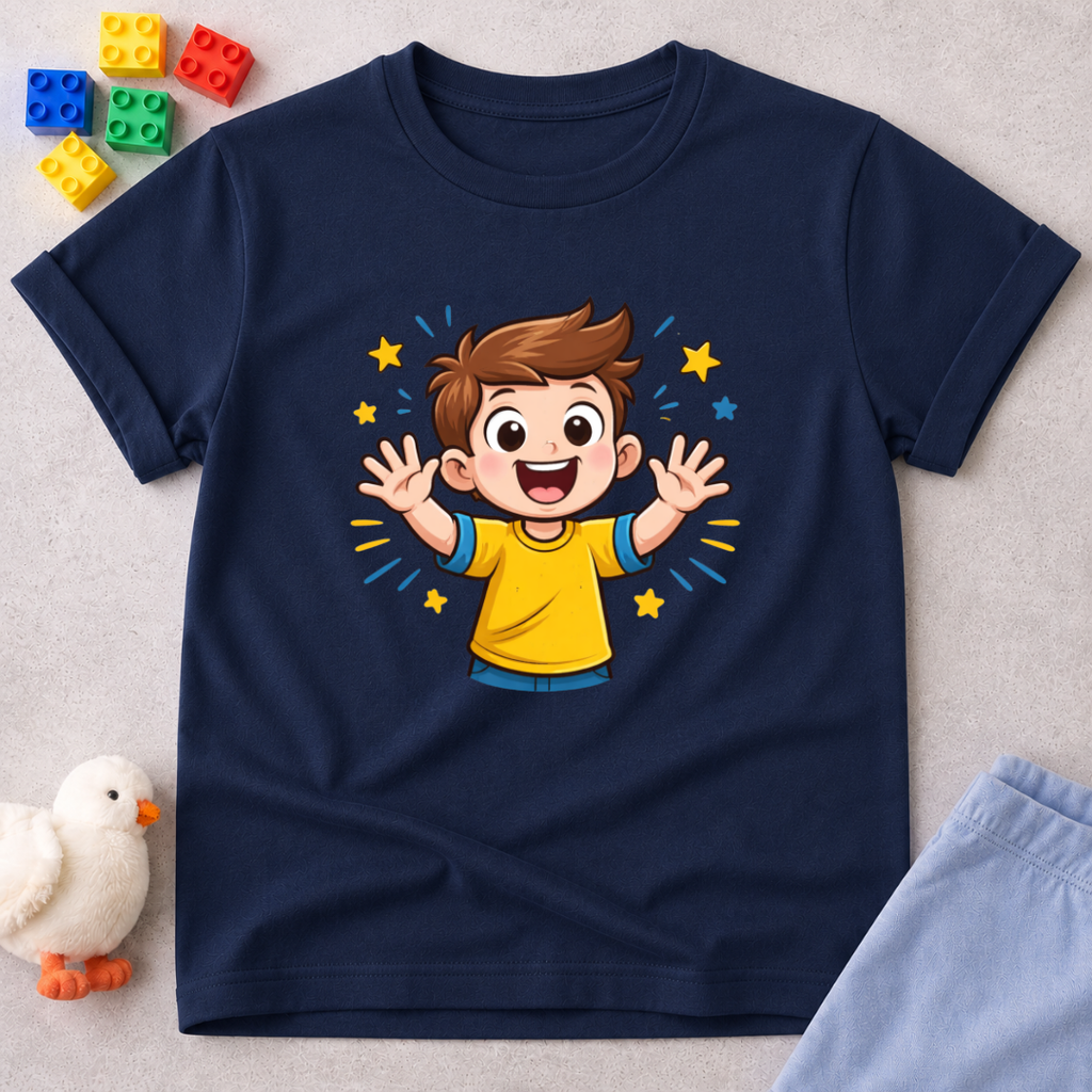 Joy Filled Child Of God Christian kids shirt in Navy featuring a cheerful child illustration