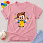Joy Filled Child Of God Christian kids shirt in Pink featuring a cheerful child illustration