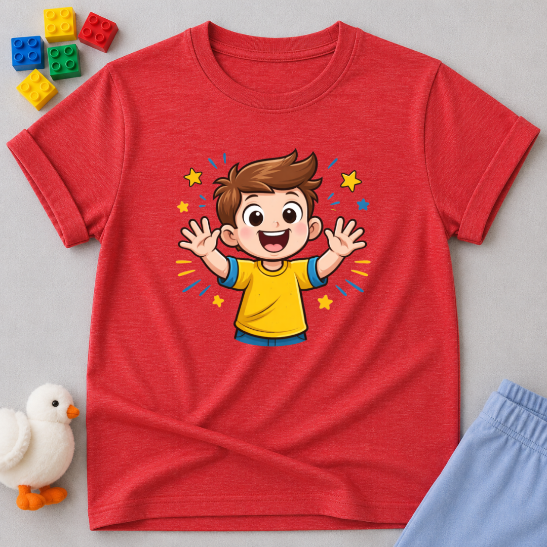 Joy Filled Child Of God Christian kids shirt in Red featuring a cheerful child illustration